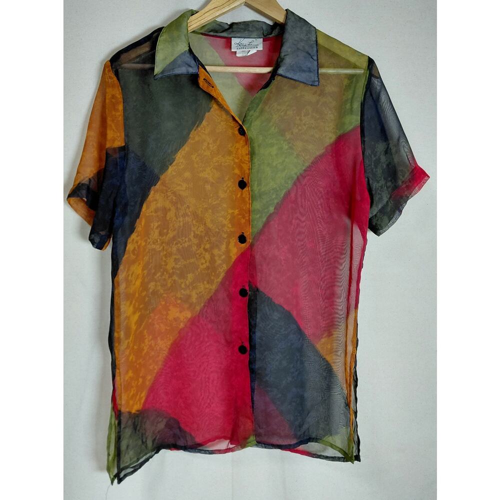 Kathie Lee Collection Colorblock Button-Up Short Sleeve Women See Measurements
